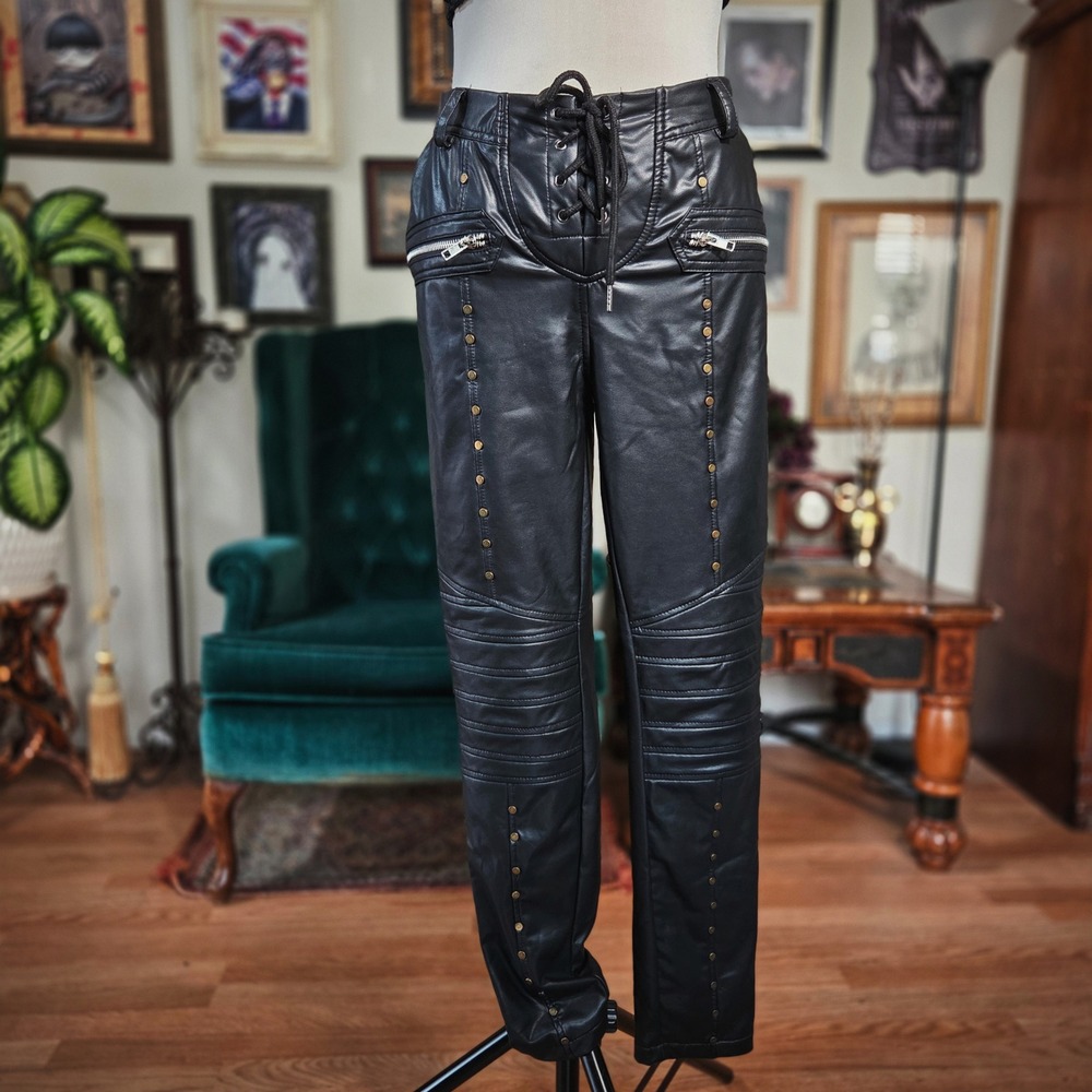 Faux Leather Biker Pants Black Lace Up Front Studded Moto Trousers Women Medium
